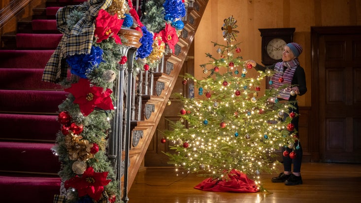 A member of staff at Trelissick decorating a tree for a Cornish Christmas